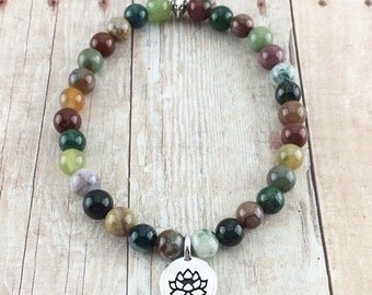 Fancy Jasper Bracelet, Lotus Bracelet, Jasper Beaded Bracelet, Jasper Gemstone Bracelet, Silver Lotus Charm, Stretch Bracelet, Yoga Bracelet