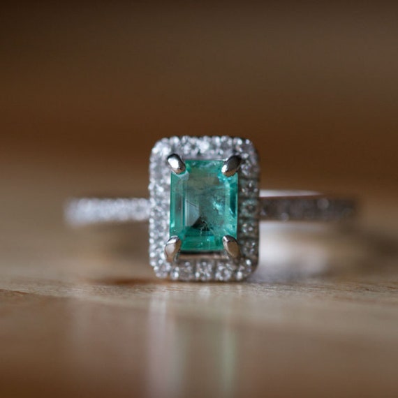 Emerald Engagement Ring Platinum Teal Diamond Emerald Ring