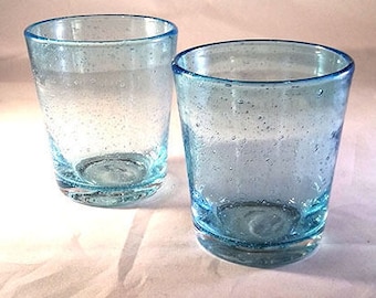 Set of 2 Aqua Tumblers, Rock Glasses, Old Fashioned