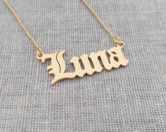 Old English Name Necklace,Old English Necklace,Gold Name Necklace,Custom Celebrity Necklace,Wedding Bridesmaids Necklace,Any Name Pendant
