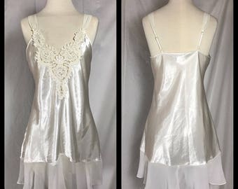 Satin Chemise with Chiffon Ruffle and Beaded Motif Applique Bodice by Dentelle - Size Small