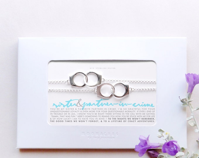 Sister & Partner-In-Crime | 2 Pc Sterling Silver Handcuffs Handcuff Bracelet Set Message Card Birthday Graduation Best Friend Funny Gift
