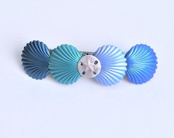 Seashell barrette, Ocean Beach French Hair Barrette in Blue scallops, Medium size
