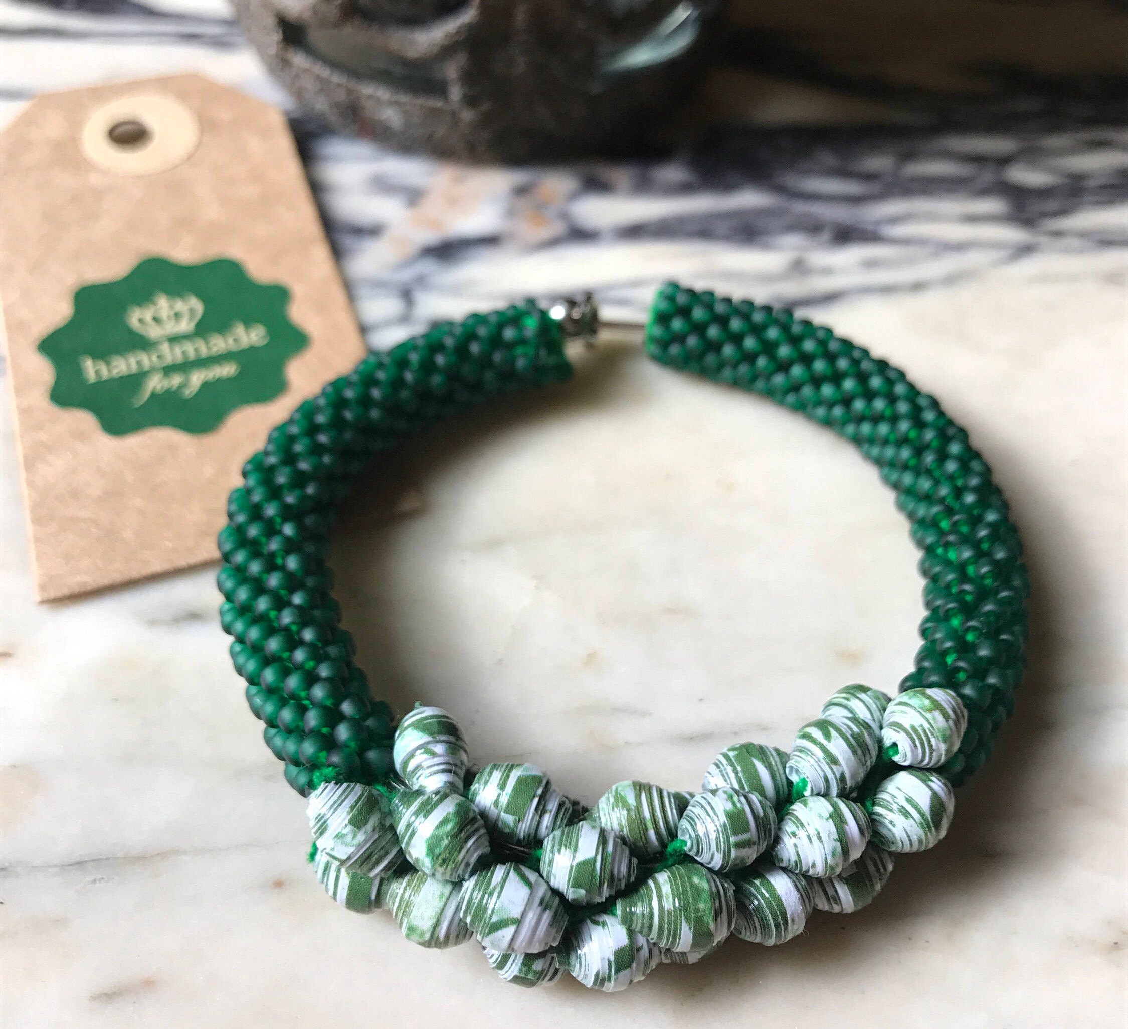 CIJ Silver cuff bracelet made with small emerald green pearls and white