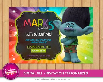 Trolls birthday invitation branch, trolls birthday card, trolls invitation card, troll party supplies, Troll Digital Invitation, Printable