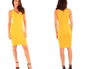 Yellow scuba, plunge v-neck bodycon silhouette dress, new