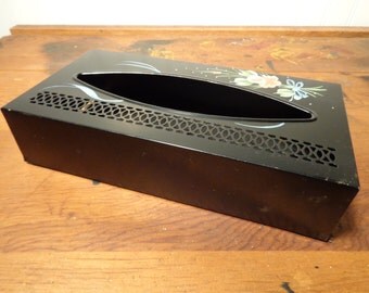 Vintage Metal Tissue Box - Black Metal Tissue Holder with Pink Painted Flowers - 16-880