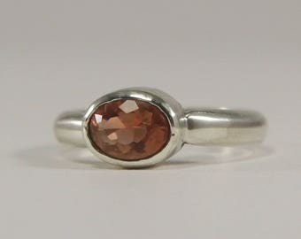 Oregon Sunstone Deep Pink Schiller Ring Size 4.75 in Sterling Silver 7x5mm, .7 carat #938