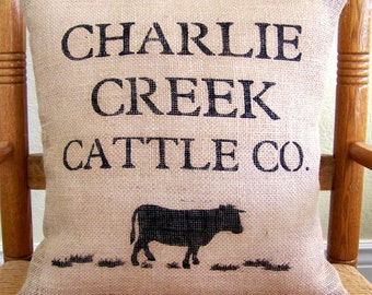Cow pillow, Farmhouse decor, Farmhouse pillow, custom name, Personalized pillow, Burlap Pillow, Beef cow, Free shipping!