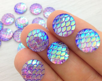 Purple Mermaid Scales, Resin Cabochons, x10, Purple and Blue, Rainbow Cabs, 12mm, Scrapbooking, Holographic, Craft, Dragon Scales, FBC106