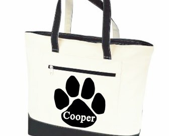 Dog tote bag, Pet tote, personalized dog bag, pet name bag, paw print tote, pet supply bag, dog travel bag, canvas zippered bag