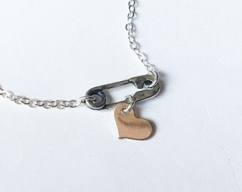 Safety Pin Necklace - Mended Heart Layering Necklace - Safety Pin Necklace - Tiny Heart Necklace - Gold Heart - Delicate Necklace