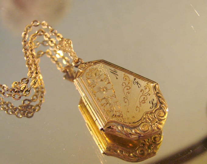 Antique Victorian Floral Embossed Locket & Chain / Floral Engraving / Monogram MFL / Vintage Jewelry / Jewellery