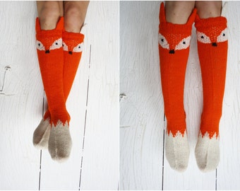 Fox sock Knit socks Thigh high socks Knit fox socks Knit leg warmers Long socks Children socks Hand knit socks Orange socks Home socks