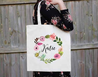 Bridesmaid Tote Bag, Floral Canvas Tote Bag, Maid of Honor Tote Bag, Bridal Party Tote Bag, Custom Wedding Bag, Personalized Wedding