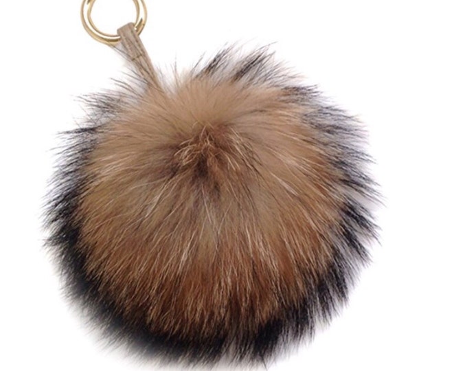 No Dye Fox Fur Pom Pom luxury bag pendant with leather strap buckle key ring chain bag charm