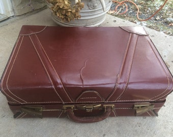 Antique Leather Suitcase/ Brown Vintage Leather Suitcase