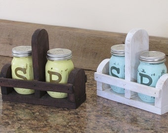 Mason Jar Salt and Pepper, Salt and Pepper Shakers, Mason Jar Kitchen Set, Canister Set, Rustic Mason Jar Décor Hand Painted Salt and Pepper