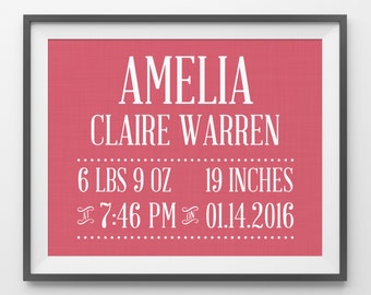Personalized Nursery Art Baby Girl Nursery Decor Birth Stats Wall Art Baby Nursery Decor Nursery Wall Art Nursery Decor Name Custom Nursery