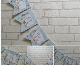 Blue Floral Peter Rabbit Christening Bunting Banner - Bunny Rabbit,Christening Decoration