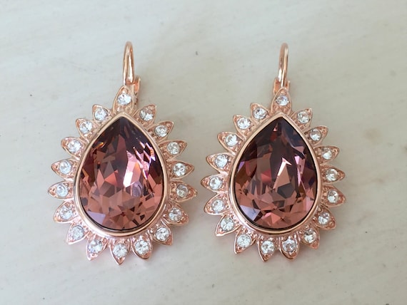 Blush Rose Pear Crystal Halo Bridal Earrings, Rose Gold