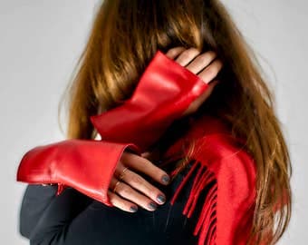 Red Leather Gloves gift for her short gloves spring2017 fingerless leather mittens Ladies Arm Warmers Car driving Street Style Birthday Gift