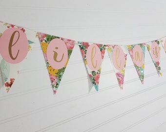 Antique Vintage Floral Triangle Bunting Name Banner, First Birthday Party, Tea Party Decorations, Tea for Two, Baby Shower, Bridal Shower