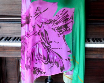Diaphanous floral wrap, floral scarf, emerald green floral scarf
