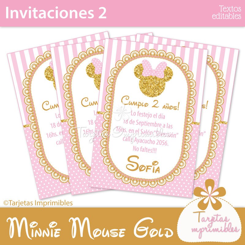Minnie Mouse gold & pink tarjetas de invitación para imprimir.