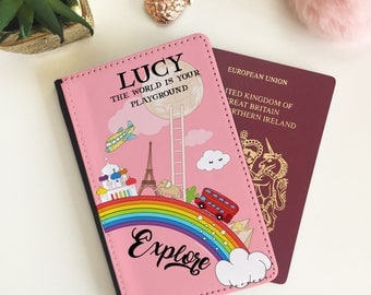 Personalised PINK World Rainbow Passport Cover - Passport Case - Passport Wallet for kids