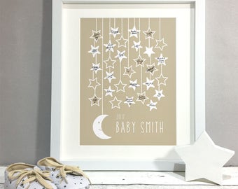 Moon Stars Baby Shower Guest Book Alternative, Poster Personalised Print, Baby Shower Decoration Sign, Baby Girl Boy Christening (unframed)