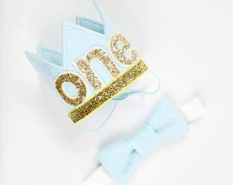 First Birthday Crown of Felt | 1st Birthday Boy Outfit for Cake Smash | Baby Boy First Birthday Outfit | 1st Birthday Hat | Baby Blue Gold
