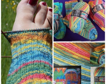 Art yarn 4ply Hundertwasser artyarn for socks and jumpers 100g 425m dyed after painting "Kiss in the rain" blue grassgreen red brown yellow