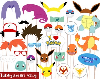 Pokemon Photo Booth Props, Pokemon Go Party PhotoBooth Props, Instant Download, kids party, printable, pikachu, party props