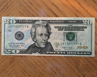 Lucky Money, Near solid 7's 20 dollar bill, lucky US dollar bill