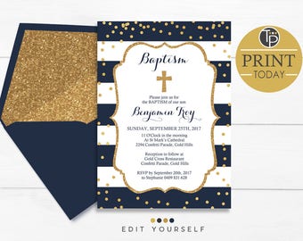 Boy Baptism Invitations, Instant Download, Navy and Gold Baptism Invitation, Navy and Gold Christening invitation, Gold Confetti Baptism