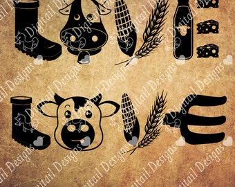 Cow Love Svg - Png - Dxf - Eps - Fcm - Cut file - Silhouette - Cricut - Dairy Farm Love - Farmer SVG - Cattle Farm Love - Cow SVG