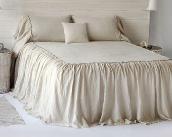 NEW Linen Coverlet Bedspread Ruffled Dust Stone Washed Super Soft 100% European Flax Natural Organic - 2017 Silky Stone Village COLLECTION!