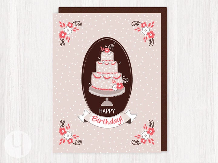 Coral Cake (Vintage) Birthday Card. Happy Birthday Greeting Card. Vintage Inspired Card. Birthday Cake.