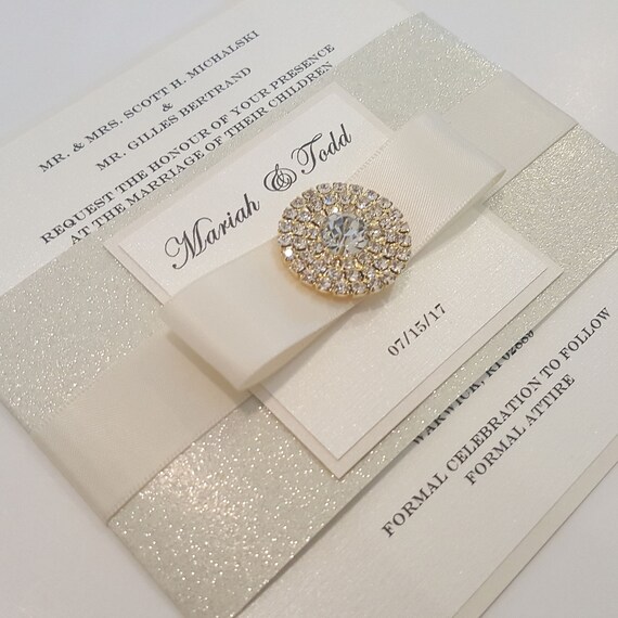 Glamorous Bling Jewel Wedding Invitation. Ivory over Ivory/
