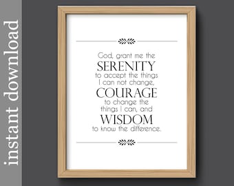 Serenity Prayer, serenity printable, digital download, inspiration print, encouragement, AA support, emotional support, Reinhold Niebuhr