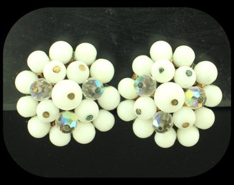 Vintage Signed LAGUNA AB Aurora Borealis & White Cluster Clip On EARRINGS