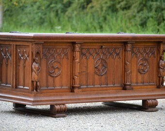 Antique French Gothic Trunk, Chest in Oak Nice Model Carved Statues #6983