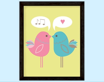 You make my heart sing 2 Love Birds graphic print in lime green pink and blue, INSTANT DOWNLOAD