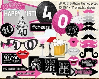 Photo Booth Props, HAPPY 40TH BIRTHDAY, printable sheets, instant download, hot pink, black, silver