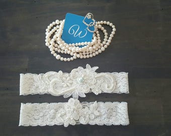 Something Blue Antique White Lace Blue Pearl Wedding Garter Set