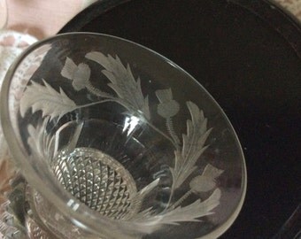 Liqueur Crystal Glass Thistle pattern and shape Mid-century Vintage Etched Scotland Scottish theme