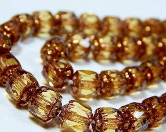 25 Pcs - 8mm Light Topaz With Gold Czech Glass Cathedral Tube Beads - Glass Beads - Jewelry Supplies