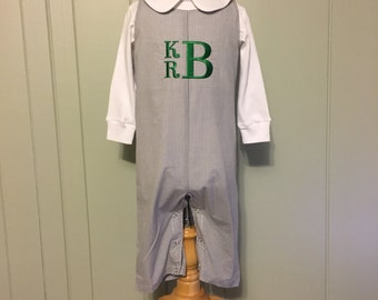 Boys Longall, Personalized Monogrammed Boys Longall Jon Jon, Gray Gingham with Fabric Covered Buttons