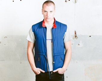 Vintage 80s Gilet Vest . Blue Mens Puffer Jacket Autumn Vest Sleeveless Jacket Autumn Outerwear Boyfriend Gift Mens 90s Fashion. size Medium